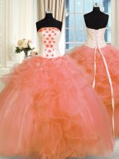 Amazing Orange Tulle Lace Up Strapless Sleeveless Floor Length Ball Gown Prom Dress Pick Ups and Hand Made Flower