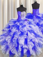 Popular Floor Length Lace Up Quinceanera Dresses Blue And White for Military Ball and Sweet 16 and Quinceanera with Beading and Ruffles and Ruching