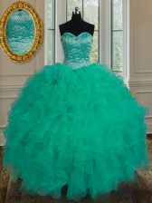  Sleeveless Floor Length Beading and Ruffles Lace Up Vestidos de Quinceanera with Turquoise