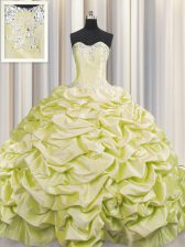 Sophisticated Brush Train Light Yellow Sweetheart Lace Up Beading and Pick Ups Sweet 16 Quinceanera Dress Sweep Train Sleeveless