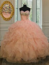 Smart Peach Lace Up Ball Gown Prom Dress Beading and Ruffles Sleeveless Floor Length
