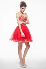 Luxurious Coral Red A-line Sweetheart Sleeveless Organza Mini Length Side Zipper Appliques and Ruffles Prom Party Dress