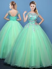  Apple Green Ball Gowns Tulle Scoop Cap Sleeves Appliques Floor Length Lace Up Quinceanera Gown