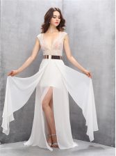 Gorgeous White Chiffon Zipper Prom Party Dress Sleeveless Floor Length Beading and Belt