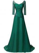 Fantastic With Train A-line Long Sleeves Green Prom Dresses Sweep Train Zipper