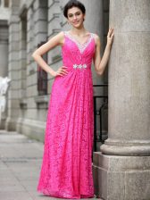 Excellent Sleeveless Floor Length Beading and Lace Zipper with Hot Pink