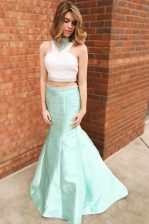  Mermaid Halter Top Sleeveless Satin Floor Length Zipper Prom Party Dress in Apple Green with Beading and Lace