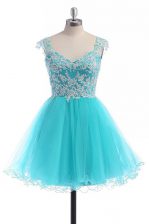  Aqua Blue Backless V-neck Appliques Prom Evening Gown Tulle Sleeveless
