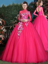 Gorgeous Coral Red Tulle Lace Up High-neck Long Sleeves With Train Vestidos de Quinceanera Brush Train Appliques