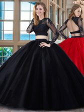 Scoop Floor Length Two Pieces Long Sleeves Black and Red 15th Birthday Dress Backless