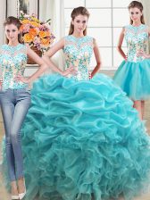 Popular Three Piece Scoop Organza Sleeveless Floor Length Quinceanera Dress and Beading and Ruffles