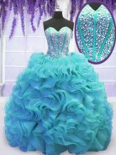Inexpensive Sleeveless Organza Sweep Train Lace Up Ball Gown Prom Dress in Aqua Blue with Beading and Ruffles