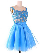 Ideal Organza and Tulle and Lace Scoop Sleeveless Zipper Lace Dress for Prom in Baby Blue