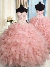 Baby Pink 15 Quinceanera Dress Military Ball and Sweet 16 and Quinceanera with Beading and Ruffles Sweetheart Sleeveless Lace Up