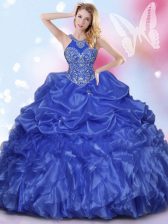  Pick Ups Halter Top Sleeveless Lace Up Sweet 16 Dress Royal Blue Organza