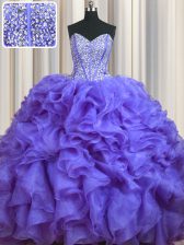 Customized Bling-bling Brush Train Lavender Sleeveless With Train Beading and Ruffles Lace Up 15th Birthday Dress