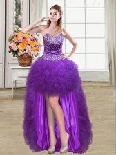  Eggplant Purple Sleeveless Mini Length Beading and Ruffles Lace Up Dress for Prom