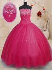 Attractive Coral Red Ball Gowns Off The Shoulder Sleeveless Tulle Floor Length Lace Up Beading Quinceanera Dress