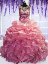 Fancy Scoop Sleeveless 15 Quinceanera Dress Floor Length Beading and Pick Ups Baby Pink Organza
