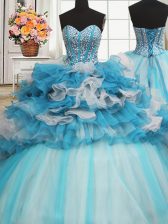 Unique Visible Boning Beaded Bodice Tulle Sweetheart Sleeveless Lace Up Beading and Ruffled Layers Sweet 16 Dresses in Blue And White