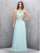  Halter Top Floor Length Zipper Evening Dress Light Blue for Prom with Beading