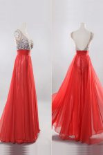  Sleeveless Floor Length Beading Zipper Evening Dress with Coral Red