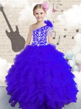 Navy Blue Ball Gowns One Shoulder Sleeveless Organza Floor Length Lace Up Embroidery and Ruffles and Hand Made Flower Kids Formal Wear