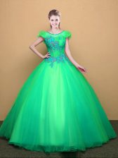 Exceptional Turquoise Tulle Lace Up Scoop Short Sleeves Floor Length Quince Ball Gowns Appliques