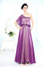  Purple Column/Sheath One Shoulder Half Sleeves Chiffon Floor Length Side Zipper Beading Prom Gown