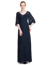  Navy Blue Half Sleeves Chiffon Zipper Prom Evening Gown for Prom and Party