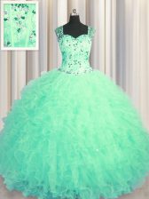 Best See Through Zipper Up Turquoise Sleeveless Beading and Ruffles Floor Length Sweet 16 Dress