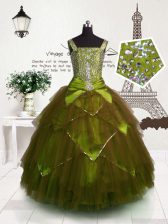 High Quality Brown Ball Gowns Straps Sleeveless Tulle Floor Length Lace Up Beading and Belt Little Girls Pageant Dress