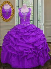  Purple Ball Gowns Straps Sleeveless Taffeta Floor Length Lace Up Beading and Pick Ups Quinceanera Gown