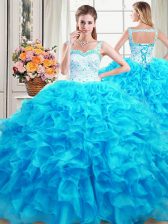  Straps Floor Length Baby Blue Quinceanera Dresses Organza Sleeveless Beading and Ruffles