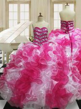  Ball Gowns Quinceanera Dress Pink And White Sweetheart Organza Sleeveless Floor Length Lace Up