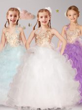 Fashionable Ball Gowns Toddler Flower Girl Dress White and Apple Green and Lilac Halter Top Organza Sleeveless Floor Length Lace Up