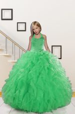  Halter Top Sleeveless Lace Up Kids Pageant Dress Green Organza