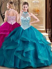 Adorable Teal Lace Up Halter Top Beading and Ruffles 15 Quinceanera Dress Tulle Sleeveless Brush Train