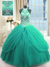  Turquoise Sleeveless Floor Length Beading Lace Up Quinceanera Dress