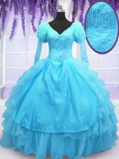 Fitting Long Sleeves Organza Floor Length Lace Up Sweet 16 Dresses in Baby Blue with Embroidery