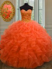  Sleeveless Organza Floor Length Lace Up Quinceanera Dresses in Orange Red with Beading and Ruffles