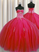  Big Puffy Red Ball Gowns Sweetheart Sleeveless Tulle Floor Length Lace Up Beading and Appliques 15th Birthday Dress
