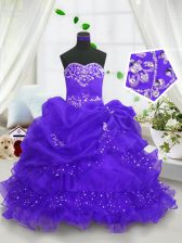 Attractive Blue Little Girl Pageant Gowns Party and Wedding Party with Beading and Ruffled Layers and Pick Ups Sweetheart Sleeveless Lace Up
