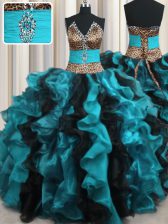 Sophisticated Leopard Two Tone V-neck Sleeveless Quinceanera Dresses Floor Length Beading and Ruffles Multi-color Organza
