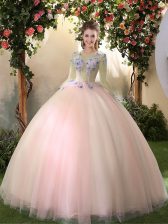 Suitable Scoop Long Sleeves Tulle Quinceanera Gown Appliques Lace Up