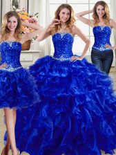  Three Piece Sleeveless Floor Length Beading and Ruffles Lace Up Vestidos de Quinceanera with Royal Blue