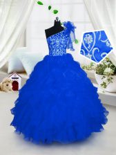 Affordable Royal Blue Lace Up One Shoulder Embroidery and Ruffles Child Pageant Dress Organza Sleeveless