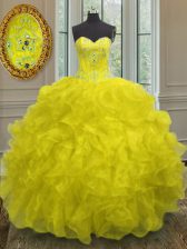 Clearance Sweetheart Sleeveless Quinceanera Gowns Floor Length Beading and Embroidery and Ruffles Yellow Organza