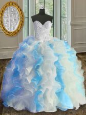  Floor Length Blue And White Ball Gown Prom Dress Organza Sleeveless Beading and Ruffles