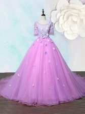  Court Train A-line Prom Evening Gown Lilac Scoop Organza Half Sleeves With Train Lace Up